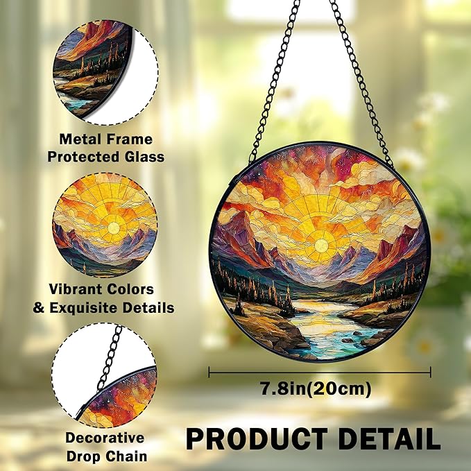 Mountain Sunset Landscape Suncatcher Stained Glass Window Hanging, Nature Landscape Sun Catchers Indoor Window Glass Wall Art Decor, Mountain Wall Hanging Decor Decorations, 7.9x7.9 Inch