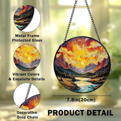 Mountain Sunset Landscape Suncatcher Stained Glass Window Hanging, Nature Landscape Sun Catchers Indoor Window Glass Wall Art Decor, Mountain Wall Hanging Decor Decorations, 7.9x7.9 Inch