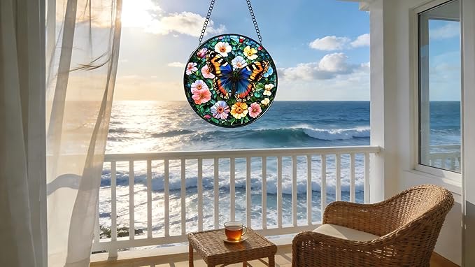 Stained Glass Window Hanging - A Beautiful Butterfly is Dancing in The Sea of Flowers 6.3 Inches Suncatcher for Garden Home Decor for Women Mon Grandma Friends