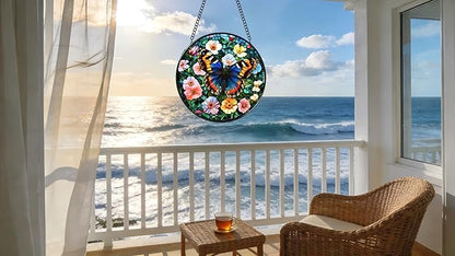Stained Glass Window Hanging - A Beautiful Butterfly is Dancing in The Sea of Flowers 6.3 Inches Suncatcher for Garden Home Decor for Women Mon Grandma Friends