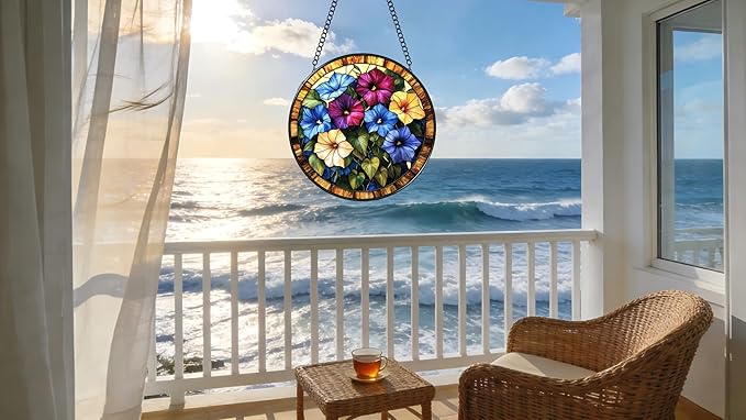 Stained Glass Window Hanging - The Blooming Morning Glory 6.3 Inches Suncatcher for Garden Home Decor for Women Mon Grandma Friends