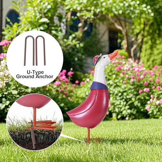 14" Retro Metal Porch Goose Statue for Yard and Garden,Heavy Duty Iron Pink Garden Statues for Outside Duck Decor,Cartoon Yard Statues Outdoor Goose Decor as Duck Gifts Easy to Assemble