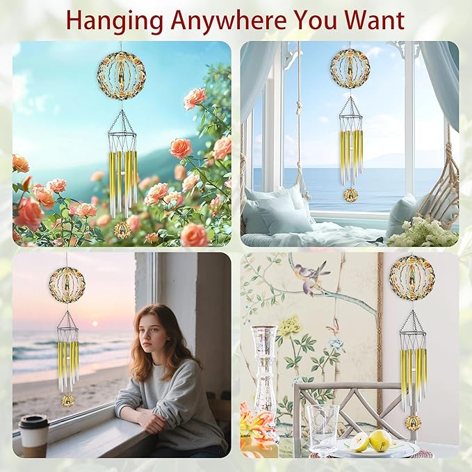 Wind Chimes with Virgin Mary Wind Spinner, Religious Decor Gift, Hanging Metal Wind Catcher with 2" Guadalupe Center Pendant, 6" 3D Stainless Steel Kinetic Art for Garden Yard