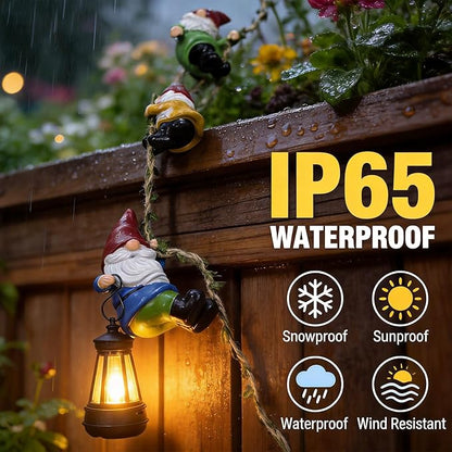 Garden Gnomes Hanging Solar Lights, 3-Pack Climbing Rope Gnome Statues with LED Lantern, Outdoor Decor for Yard Patio Door Tree Fence Wall, Housewarming Gifts for Women Mom Grandma