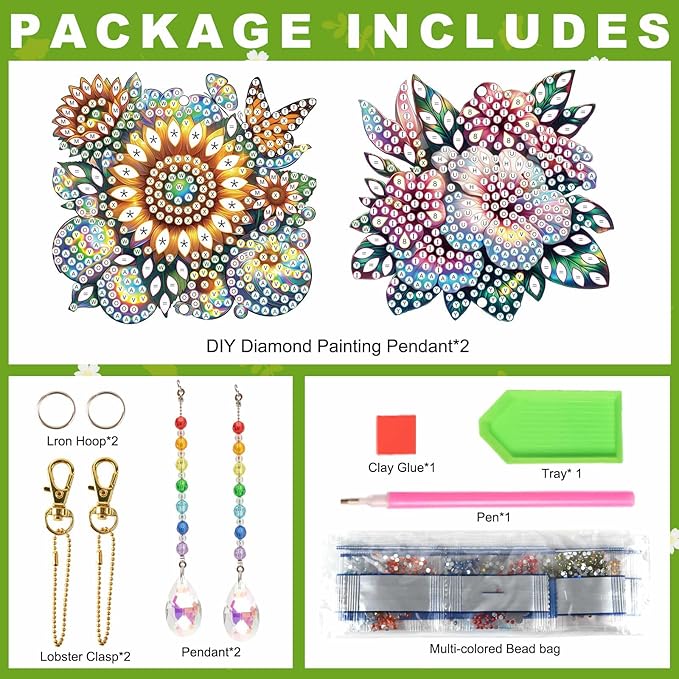 MVVMTOP 2pcs Diamond Art Painting Wind Chime with Crystal Pendant, DIY Flowers Double-Sided Design Special Shape Acrylic Crystal Diamond Ornament, Home Window Garden Hanging Pendant Decoration