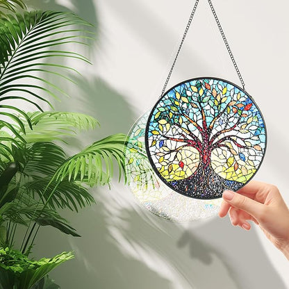 Stained Glass Window Hanging, Colorful Tree of Life Sun Catchers for Window Door Garden Kitchen Home Decor Suncatcher Decoration for Birthday Gift for Women, Men, Mom, Dad, Wife, Aunt and Nana 7.8 in