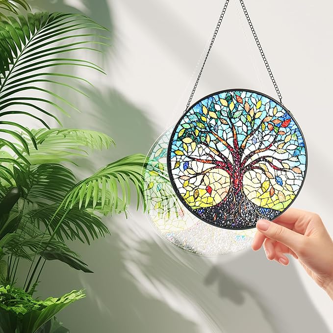 Stained Glass Window Hanging, Colorful Tree of Life Sun Catchers for Window Door Garden Kitchen Home Decor Suncatcher Decoration for Birthday Gift for Women, Men, Mom, Dad, Wife, Aunt and Nana 9.8 in