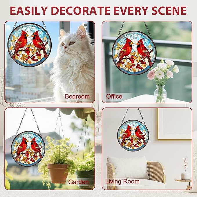 Red Cardinal Stained Glass Window Hanging, Hummingbird Suncatcher Diamond Glass Panel Hangings, Handmade Bird Sun Catchers Windows Wall Art, Gift for Mom, Christmas Decor for Home Office 7.87 inches