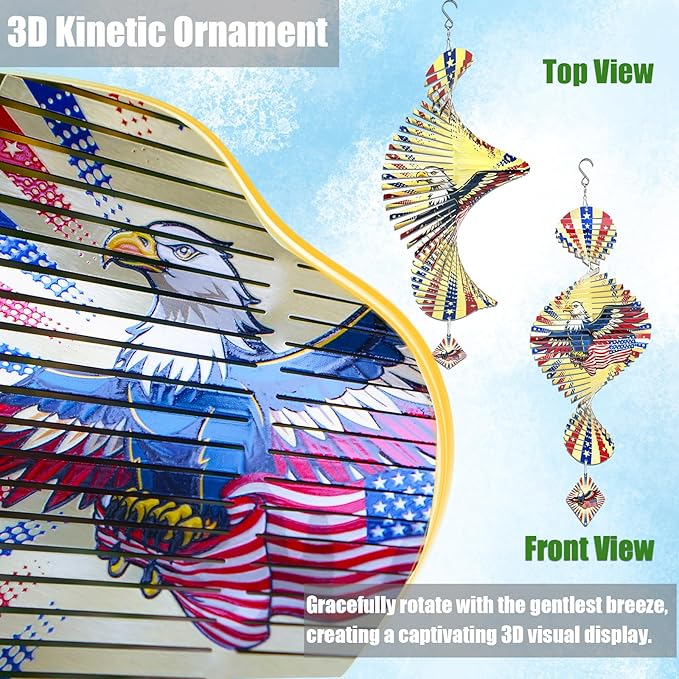 American Eagle Patriotic Helix Metal Wind Spinners for Yard and Garden,12 Inch 3D Stainless Steel Hanging Kinetic Yard Art Wind Sculpture Independence Day Decor Outdoor Indoor