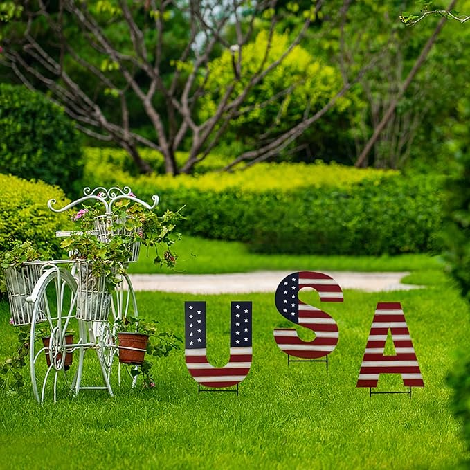 Aecipl Metal USA Yard Sign Patriotic Garden Stake 4th of July Outdoor Decorations Lawn Stakes Stars Decor American Flag Letter Set for Independence Day Memorial Veterans Day Party