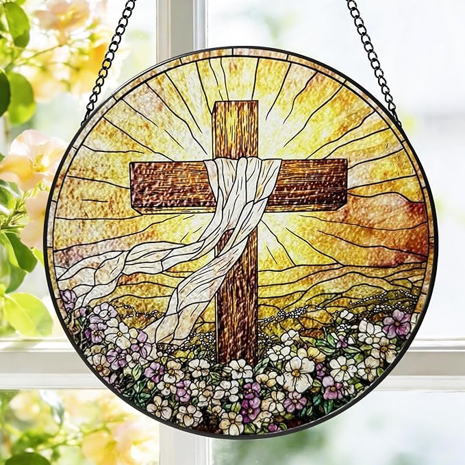 Stained Glass Cross Suncatcher Window Hanging, Christian Sun Catchers Indoor Window, Easter Suncatchers for Windows Hanging, Home Garden Decor Glass Panel, Religious Faith Christian Gift for Women Men