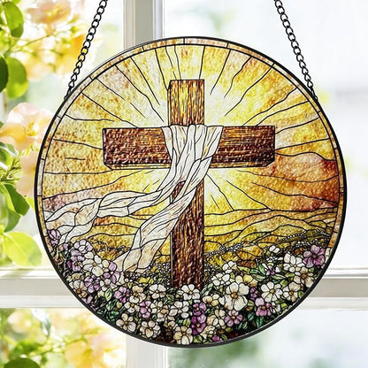 Stained Glass Cross Suncatcher Window Hanging, Christian Sun Catchers Indoor Window, Easter Suncatchers for Windows Hanging, Home Garden Decor Glass Panel, Religious Faith Christian Gift for Women Men