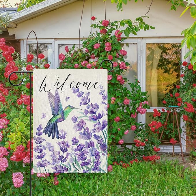 Dyrenson Welcome Spring Summer Hummingbird Lavender Decorative Garden Flag, Purple Flower Floral Yard Outside Home Decorations, Seasonal Burlap Outdoor Small Decor Double Sided 12 x 18