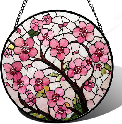 Stained Glass Window Hanging - Cherry Blossoms Birth Flower Suncatcher for Door Garden Patio Sun Catchers Decor Christmas Mother's Day Birthday Gifts for Women Mom Nana Friend Wife 6.3 in