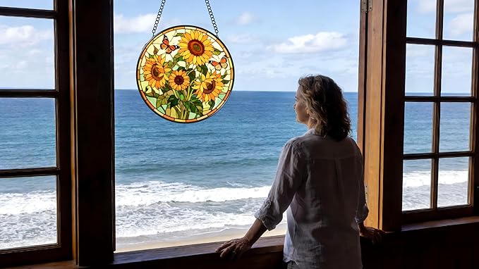 Funoasis Stained Glass Window Hanging 6.3 Inches Suncatcher - Two Butterflies are Flying On The Sunflower Ornaments Sun Catcher Home Decor Women Birthday