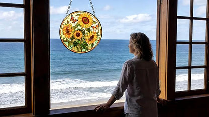 Funoasis Stained Glass Window Hanging 6.3 Inches Suncatcher - Two Butterflies are Flying On The Sunflower Ornaments Sun Catcher Home Decor Women Birthday