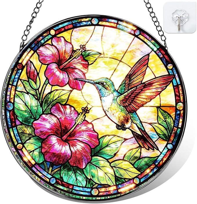 Hummingbird Stained Glass Window Hanging – Round Floral Suncatcher with Chain, Colorful Glass Ornament for Living Room Home Garden Decor Gift, 8 Inch