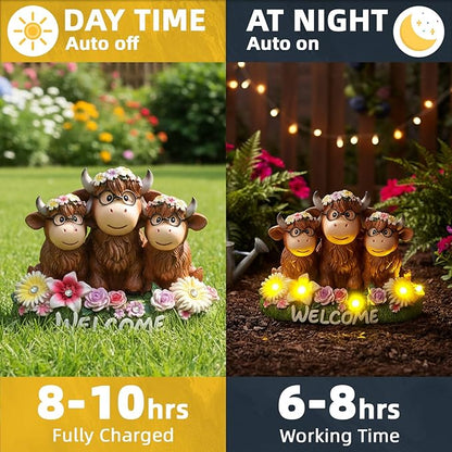 Highland Cow Decor Solar Garden Statue 5.3",Funny Resin Cow Family Figurine with Glasses & Welcome Sign,Cute Farmhouse Outdoor Yard Art for Patio Porch Lawn,Housewarming Birthday Gifts for Women Mom