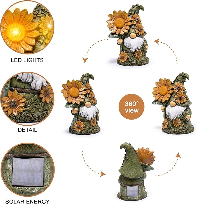 basen Solar Garden Gnome with Glowing Daisy Flower, Outdoor Solar Gnome Figurine for Yard Lawn Patio, Hand-Painted Resin Garden Statue Decor with LED Light for Landscape, Garden Ornament Gift