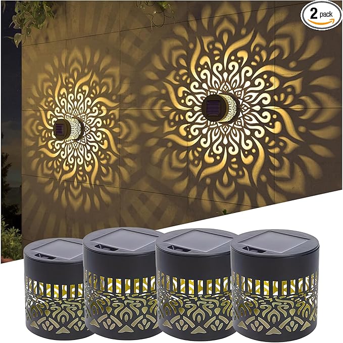 Decorative Solar Mandala Lights, Metal Solar Powered Waterproof Wall & Fence Lights for Garden, Patio, Backyard, Step & Post Decor with Mandala Design (4pcs,Warm Light)