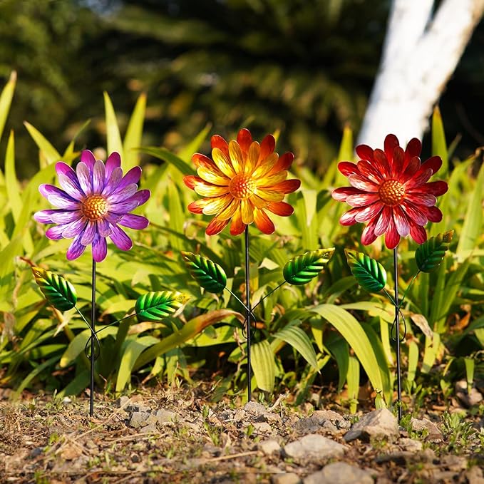Garden Stakes Decorative, Metal Flowers for Outside, Glow in Dark Yard Lawn Ornaments Plant Pot Flower Bed Decor, Patio, Set of 3, Purple Yellow Red