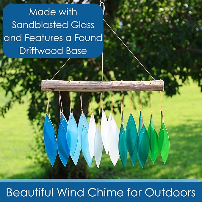 Blue Handworks Gradient Ocean Waterfall & Driftwood Glass Leaves Chime - Sandblasted Glass and Found Wood Handcrafted Wind Chime