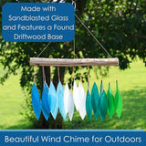 Blue Handworks Gradient Ocean Waterfall & Driftwood Glass Leaves Chime - Sandblasted Glass and Found Wood Handcrafted Wind Chime