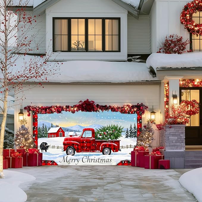 IVN Merry Christmas Garage Door Banner 13x6ft Festive Buffalo Plaid Truck in Snowy Landscape Photo Prop Background for Joyful Holiday Yard Door Cover Background Outdoor Winter Scene