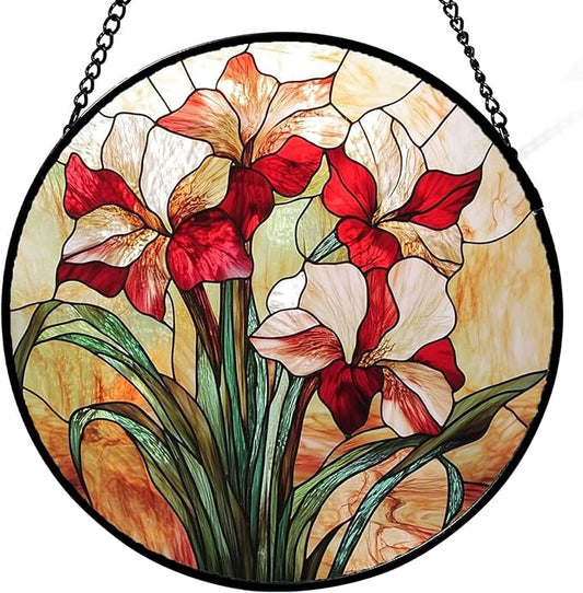 7.87" Stained Glass Window Hanging,Red Gladiolus Flower Sun Catcher for Door Terrace Garden Home Decor,Plants Suncatcher House Warming Gifts New Home