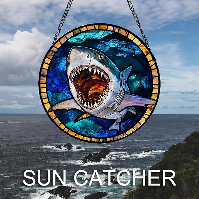 CHATYOUNG Stained Glass Window Hanging Ocean Sea Ferocious Big Shark 7.8" - Suncatcher Door Garden Sunroom Sun Catcher Home Decor Father's Day Birthday Christmas for Mom Men Woman Father Friend