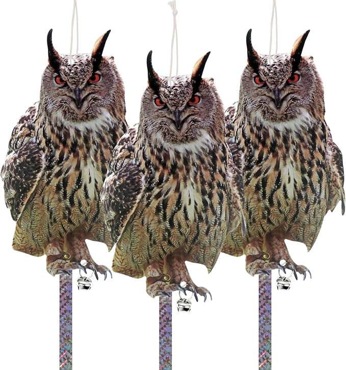 Owl Bird Deterrent, 3-Pack Reflective Hanging Decoration for Garden Patio, Effective Plastic Owl to Scare Birds Away for Windows & Trees