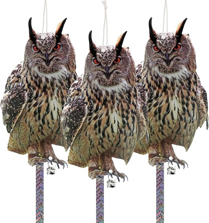 Owl Bird Deterrent, 3-Pack Reflective Hanging Decoration for Garden Patio, Effective Plastic Owl to Scare Birds Away for Windows & Trees