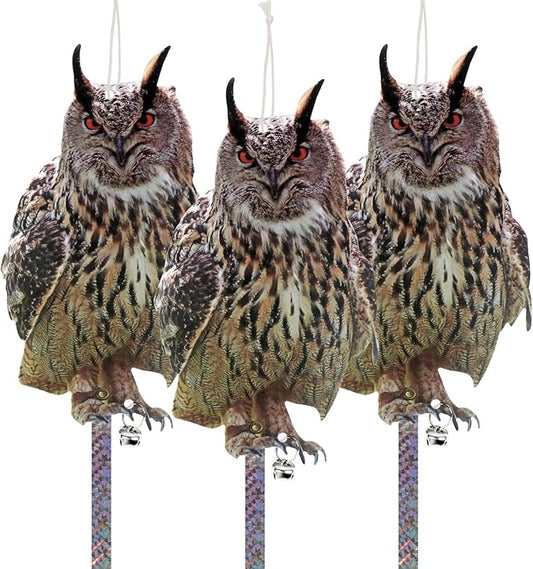 Owl Bird Deterrent, 3-Pack Reflective Hanging Decoration for Garden Patio, Effective Plastic Owl to Scare Birds Away for Windows & Trees
