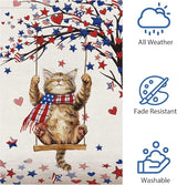 Heyfibro 4th Of July Patriotic Cute Cat Garden Flag 12x18 Double Sided Burlap, Heart Star Tree Pattern USA Flags Retro Yard Banner for Rustic Independence Day Outdoor Decor (ONLY FLAG)