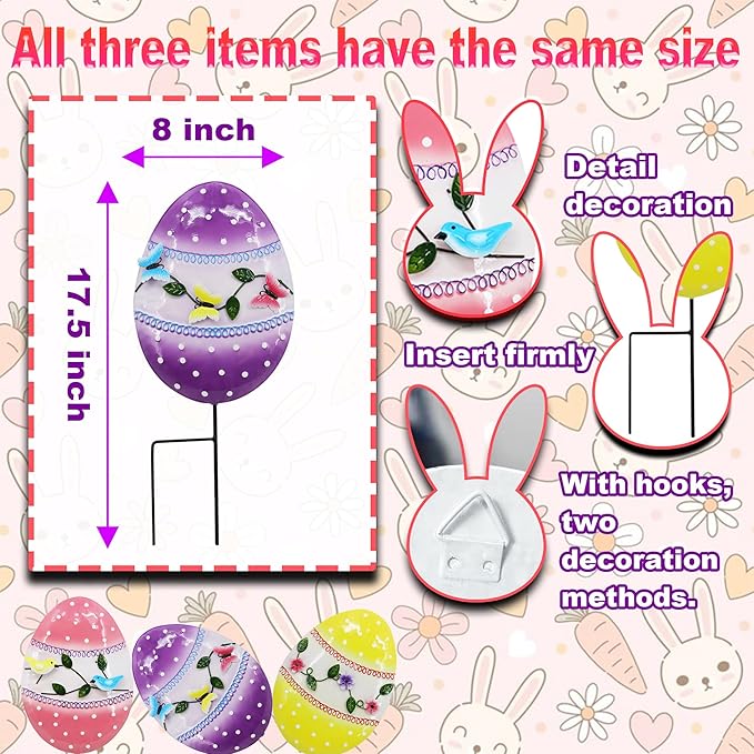 3 Pcs Easter Decorations Outdoor Metal Easter Eggs Yard Signs Decorative Garden Stakes Eggs Lawn Decorations Yard Decor for Spring Ornament Lawn Pathway Garde
