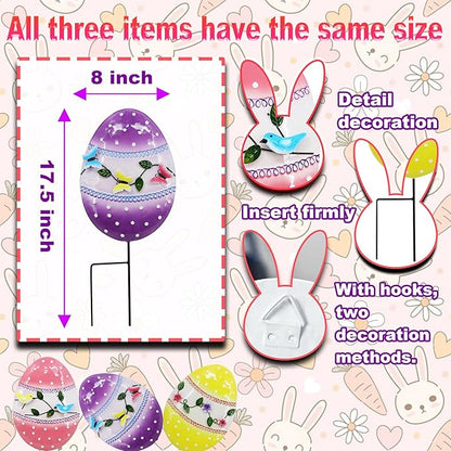 3 Pcs Easter Decorations Outdoor Metal Easter Eggs Yard Signs Decorative Garden Stakes Eggs Lawn Decorations Yard Decor for Spring Ornament Lawn Pathway Garde