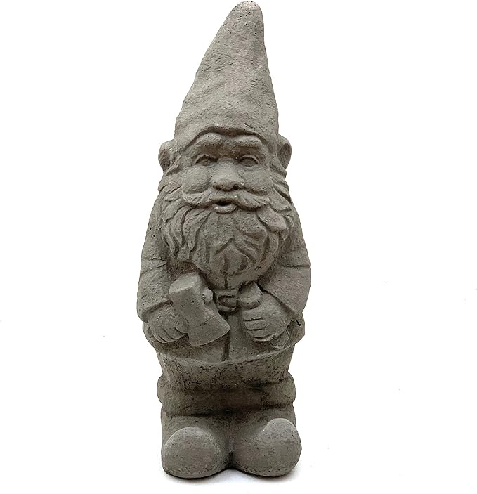 Garden Gnome with Hatchet: Solid Durable Stone Statue with Vintage Texture. Sealed for Outdoor Use. Handcrafted USA. (Antique/Gray)