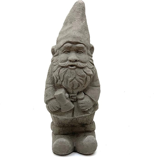 Garden Gnome with Hatchet: Solid Durable Stone Statue with Vintage Texture. Sealed for Outdoor Use. Handcrafted USA. (Antique/Gray)