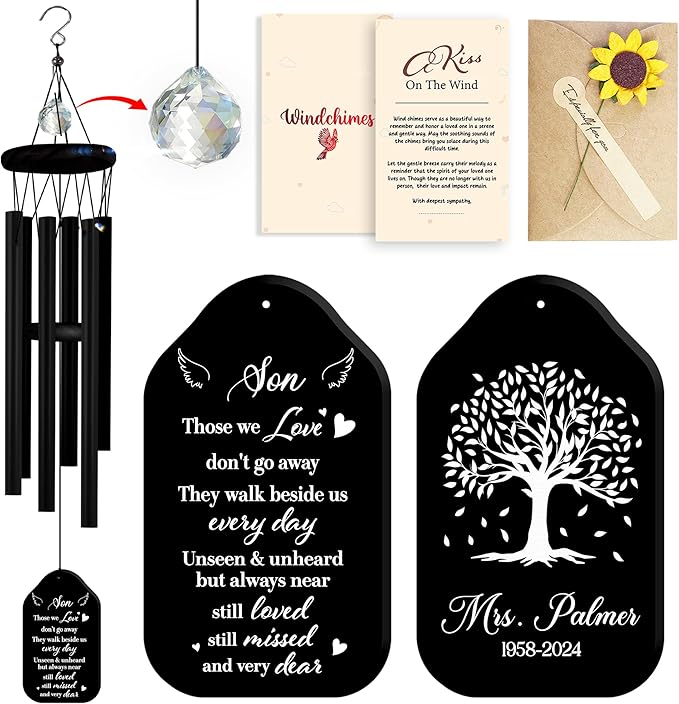 Personalized Son Cardinal Memorial Crystal Wind Chimes Remembrance Sympathy Ornament Keepsake in Memory of Child Boy Kid Offspring Custom Name Bereavement Condolence Gift for Outdoor Hanging