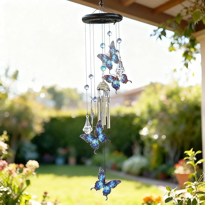 YU FENG Butterfly Memorial Wind Chime with Crystal Suncatcher – 27 Inch Outdoor Wind Chimes for Garden, Blue Butterfly Sympathy Gift for Loss of Loved One, Remembrance Decor for Yard, Patio, Mom