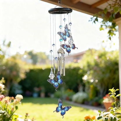 YU FENG Butterfly Memorial Wind Chime with Crystal Suncatcher – 27 Inch Outdoor Wind Chimes for Garden, Blue Butterfly Sympathy Gift for Loss of Loved One, Remembrance Decor for Yard, Patio, Mom