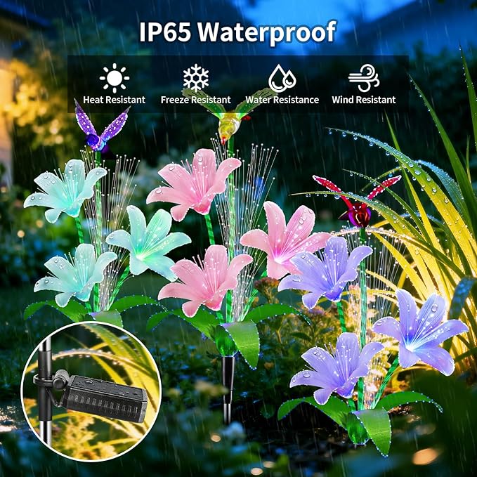 Solar Lights Outdoor Decorative, Upgraded 3 Pack Flowers with 7 Color Changing Lilies and 3 Hummingbird, Brighter Waterproof Garden Decor for Yard Lawn Pathway, Mom Women Grandma