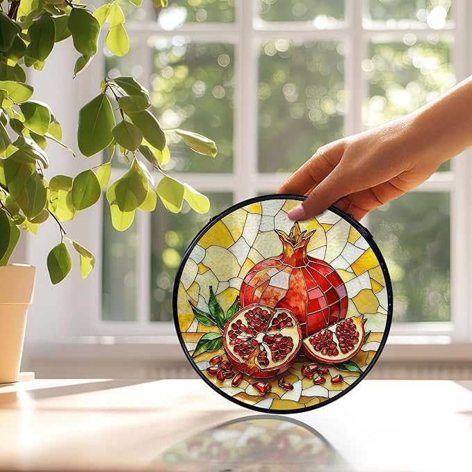 Pomegranate Decor, Summer Pomegranate Suncatchers Stained Glass Window Hanging, Summer Fruit Sun Catchers Indoor Window Glass Round Wall Decor, Fruit Kitchen Decor 7.9x7.9in