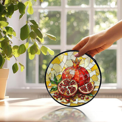 Pomegranate Decor, Summer Pomegranate Suncatchers Stained Glass Window Hanging, Summer Fruit Sun Catchers Indoor Window Glass Round Wall Decor, Fruit Kitchen Decor 7.9x7.9in