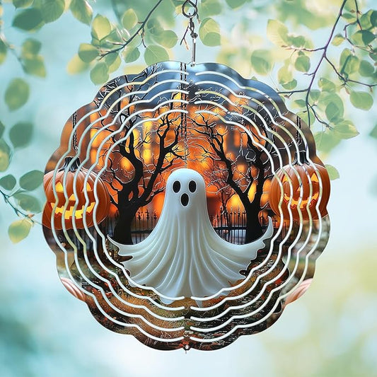 Halloween Ghost Wind Spinners Outdoor, Hanging Wind Spinner for Garden Decoration, 8 inch 3D Stainless Steel Metal Wind Sculpture for Indoor/Outdoor Decor