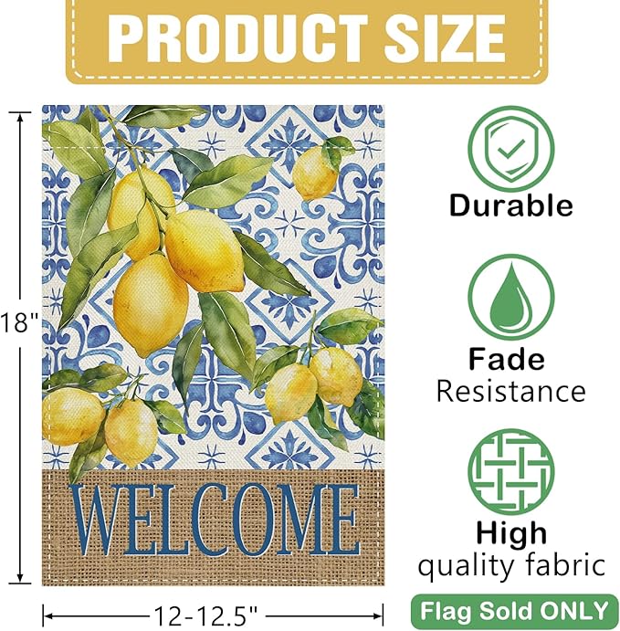 Dyrenson Welcome Italian Capri Blue Lemon Decorative Garden Flag, Amalfi Coast Citrus Italy Tile Pattern Yard Outside Home Decoration, Summer Mediterranean Outdoor Small Decor Double Sided 12 x 18