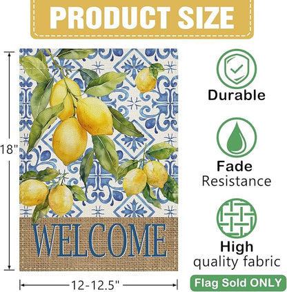 Dyrenson Welcome Italian Capri Blue Lemon Decorative Garden Flag, Amalfi Coast Citrus Italy Tile Pattern Yard Outside Home Decoration, Summer Mediterranean Outdoor Small Decor Double Sided 12 x 18
