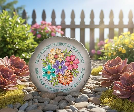 Magnolia Garden 10-Inch Psalm 145:5 Scripture Decorative Stepping Stone – Wondrous Works Floral Resin Garden Walkway Tile – Vibrant Colorful Religious Outdoor Accent