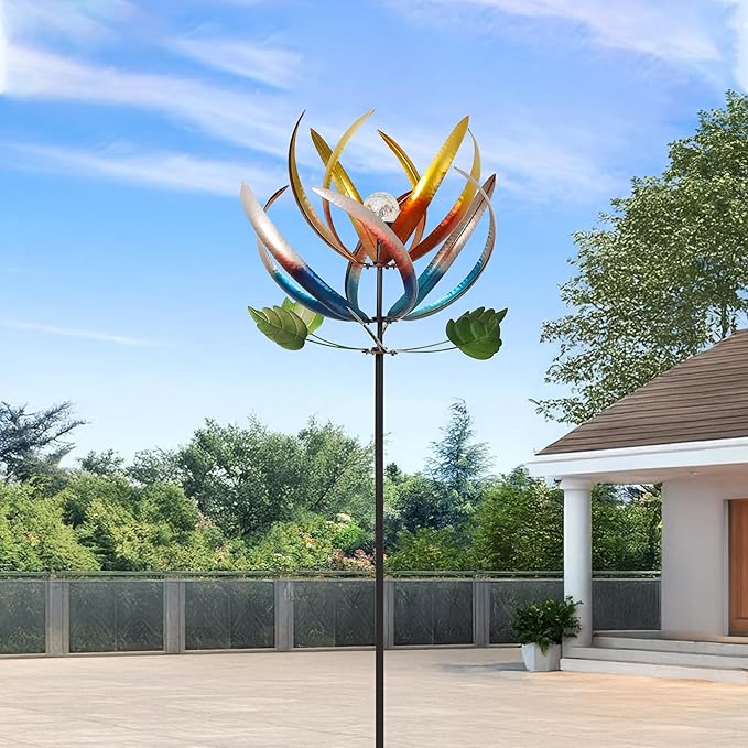 Wind Spinners for Yard and Garden, Solar Lighted Metal Wind Spinner, Large Kinetic Garden Sculptures (Colorful)
