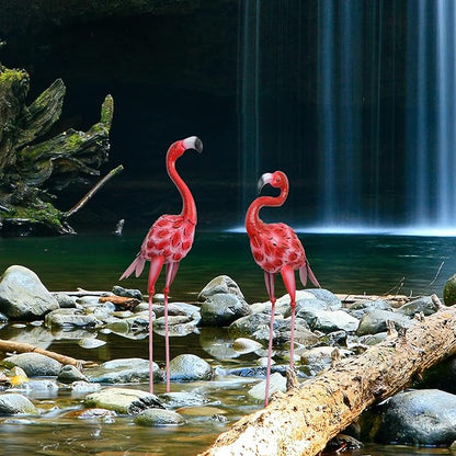 2Pcs Flamingo Outdoor Statues, Metal Flamingo Yard Art Decor for Garden Home Patio Yard Display